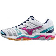 CHAUSSURES INDOOR MIZUNO FEMME  WAVE STEALTH 4 LADY ( Wht/PinkGlo/BlueR ) - 